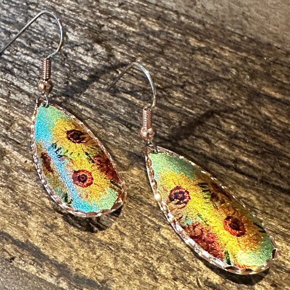 Handmade Boho Copper Earrings, Diamond Cut Van Gogh Sunflowers Earrings, Gift B - Picture 5 of 10